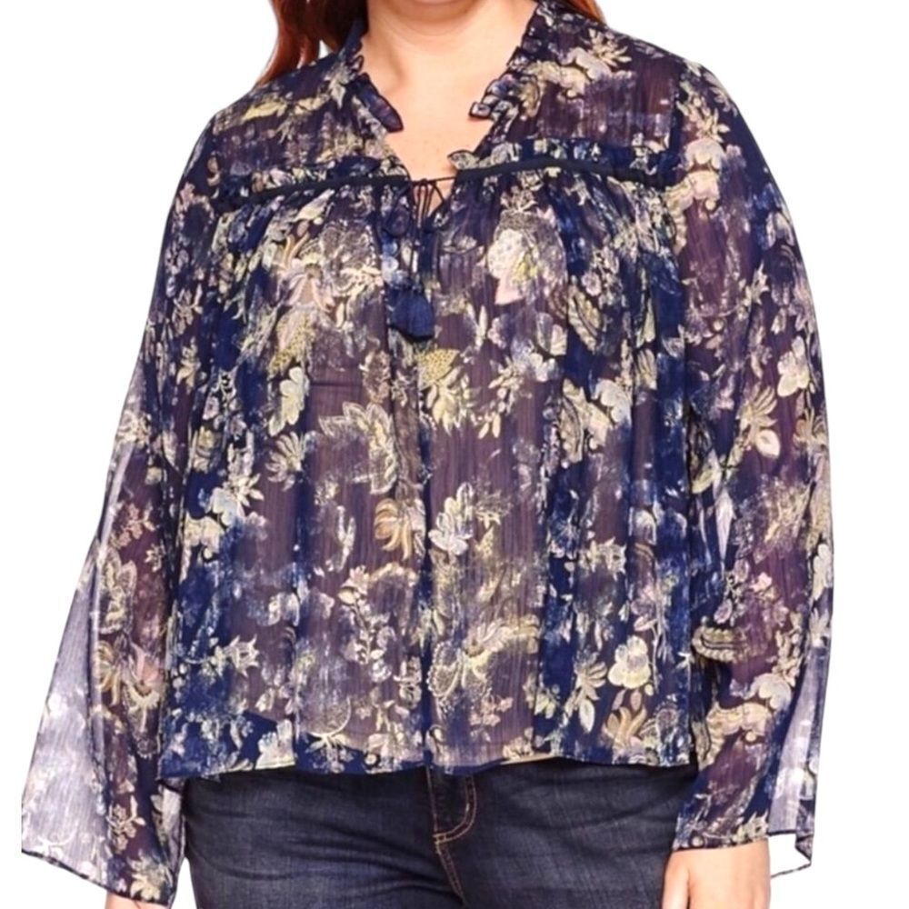Blue Floral V Neck Long Sleeve Lightweight Flowy Plus Size Blouse Top NEW